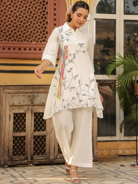 AARAAS Embroidered Thread Work Pure Cotton A Line Kurta With Trouser Co-ords set - Image 7