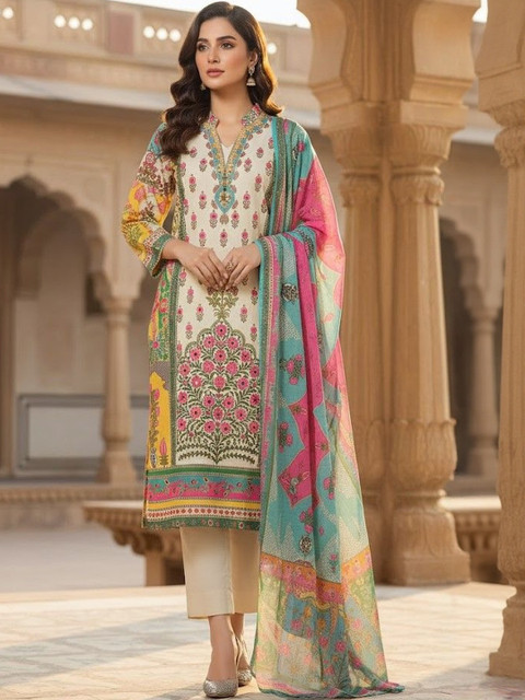 Anouk Ethnic Motifs Printed Pure Cotton Straight Kurta With Trousers & Dupatta