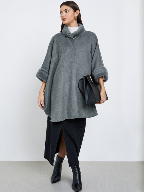 Styli Women Oversized Cape Fit Mock Collar Single-Breasted Overcoat - Image 2