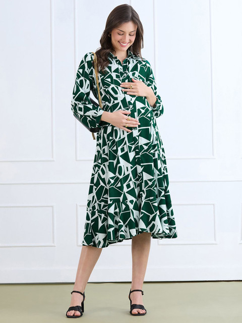 MomToBe Women Abstract Print Maternity Fit and Flare Midi Dress