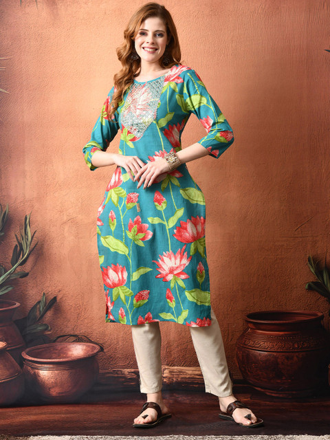 PHYSIL Floral Printed Sequins Yoke Design Straight Pure Cotton Kurta
