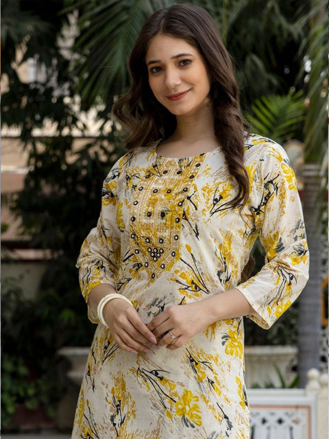 Pjyot by surhi Floral Printed Round Neck Thread Work Pure Cotton Straight Kurta - Image 5