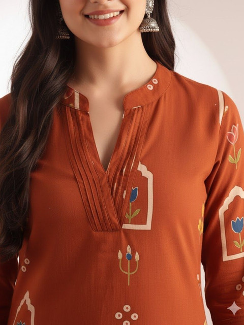 SZN Ethnic Motifs Printed Mandarin Collar Straight Pure Cotton Kurta With Palazzos - Image 6