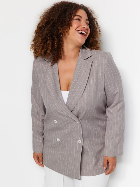 Trendyol Plus Size Striped Longline Double-Breasted Longline Blazers