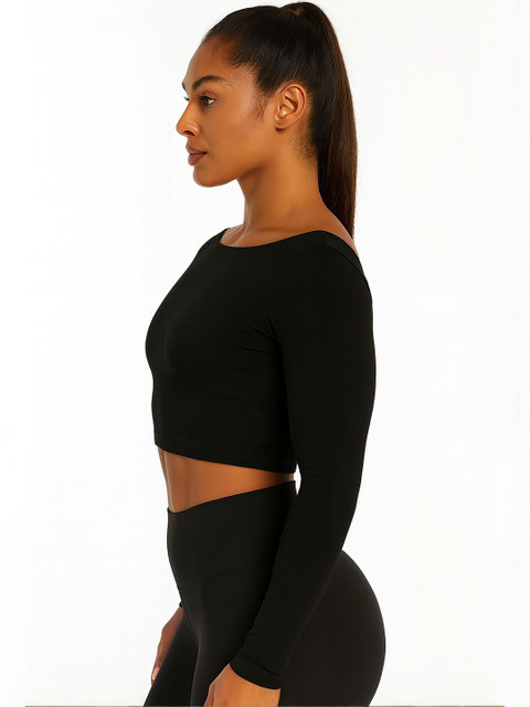 PUERY Women Boat Neck Long Sleeves Cotton Fitted Crop Top