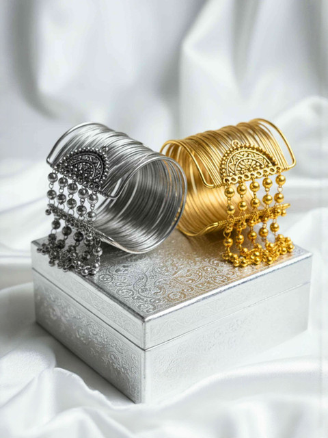 Anouk Set Of 2 Gold & Rhodium Plated Artificial Beaded Cuff Bracelet