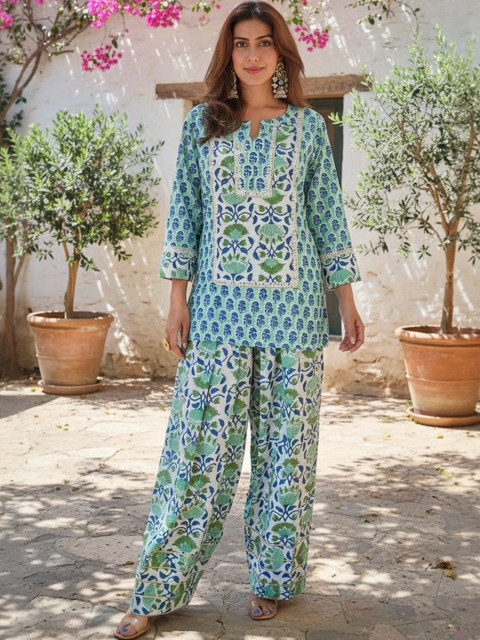 Gopi Prem Floral Printed Notch Neck Pure Cotton Straight Kurta With Salwar