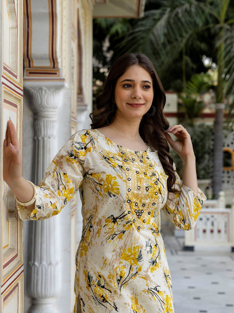 Pjyot by surhi Floral Printed Round Neck Thread Work Pure Cotton Straight Kurta - Image 6