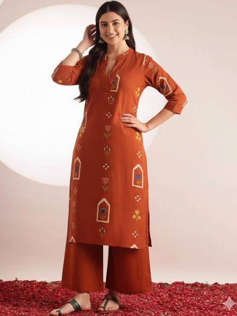 SZN Ethnic Motifs Printed Mandarin Collar Straight Pure Cotton Kurta With Palazzos