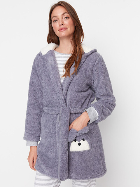 Trendyol Women Grey Solid Polyester Hooded Trench Coat