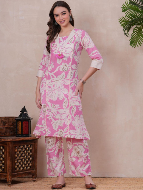 HIGHLIGHT FASHION EXPORT Floral Printed Lapel Collar Tunic With Trousers