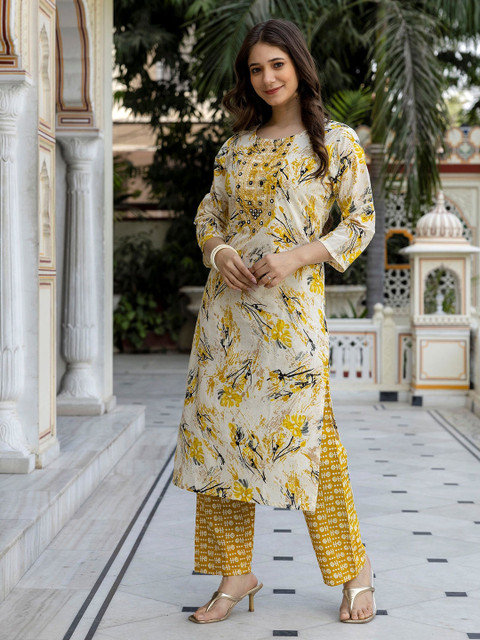 Pjyot by surhi Floral Printed Round Neck Thread Work Pure Cotton Straight Kurta - Image 3