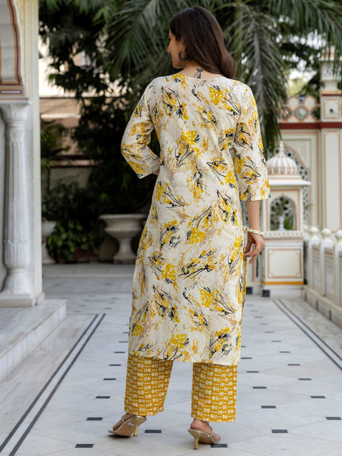 Pjyot by surhi Floral Printed Round Neck Thread Work Pure Cotton Straight Kurta - Image 4