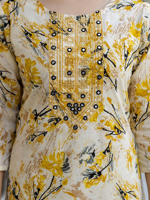 Pjyot by surhi Floral Printed Round Neck Thread Work Pure Cotton Straight Kurta - Image 2