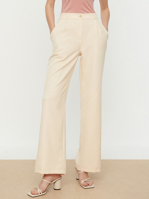 Trendyol Women Beige Solid High Rise Woven Parallel Wide Leg Trousers