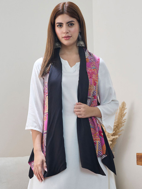 InWeave Printed V-Neck Acrylic Open Front Shrug