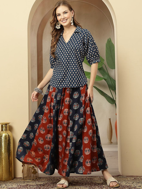 Sangria Printed Shirt Collar Pure Cotton Top With Skirt
