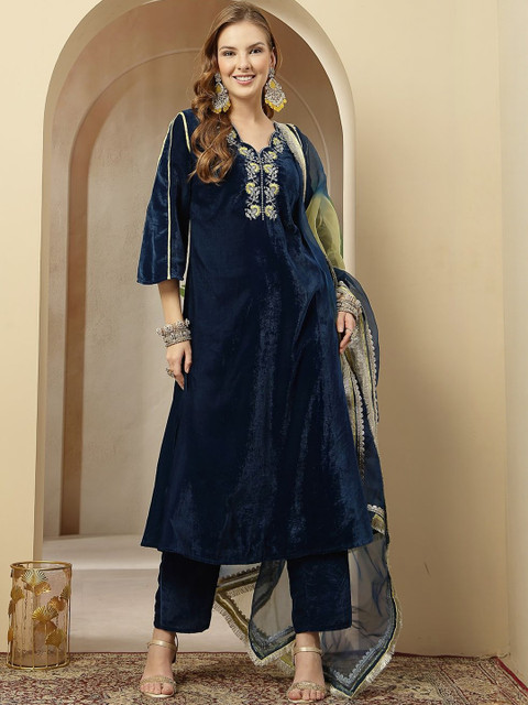 Sangria Embroidered A-Line Kurta With Trousers & Dupatta
