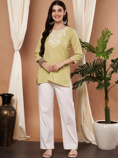 Anouk Women Ethnic Motifs Embroidered Thread Work Pure Cotton Regular Straight Kurti