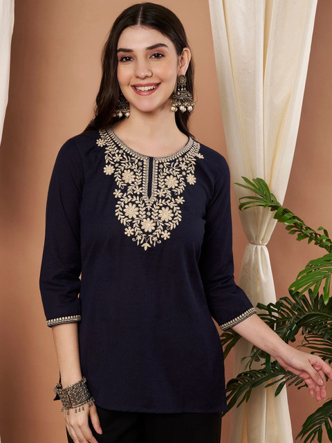 Anouk Women Ethnic Motifs Embroidered Thread Work Pure Cotton Regular Straight Kurti