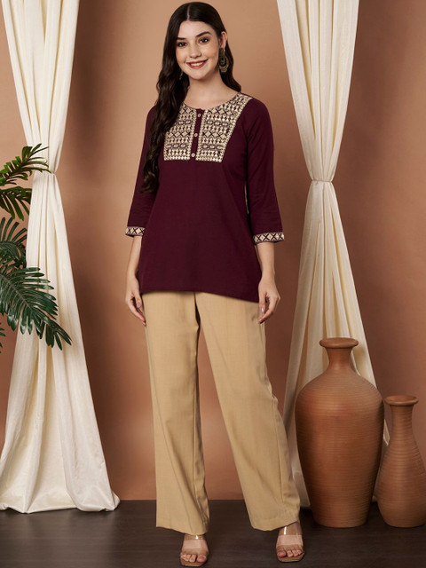 Anouk Women Ethnic Motifs Embroidered Mirror Work Pure Cotton Short Kurti