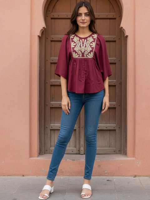 Rangita Women Ethnic Motifs Embroidered Flared Sleeves Thread Work Kurti