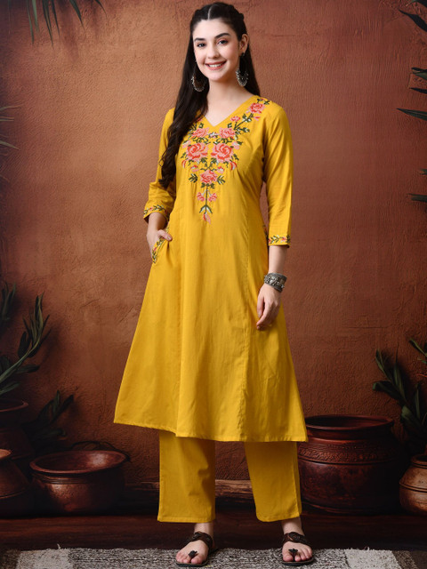 TRUVON FASHIONS Floral Embroidered Panelled Thread Work Pure Cotton A-Line Kurta Set