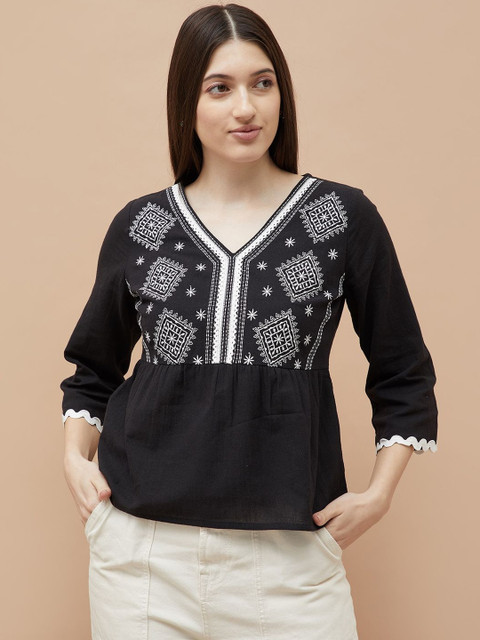 Fame Forever by Lifestyle Women Ethnic Motifs Embroidered V-Neck Ethnic Cotton Top