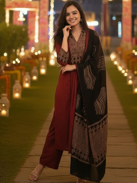 Aaghnya Women Ethnic Motifs Printed V-Neck Viscose Rayon Kurta With Palazzo & Dupatta