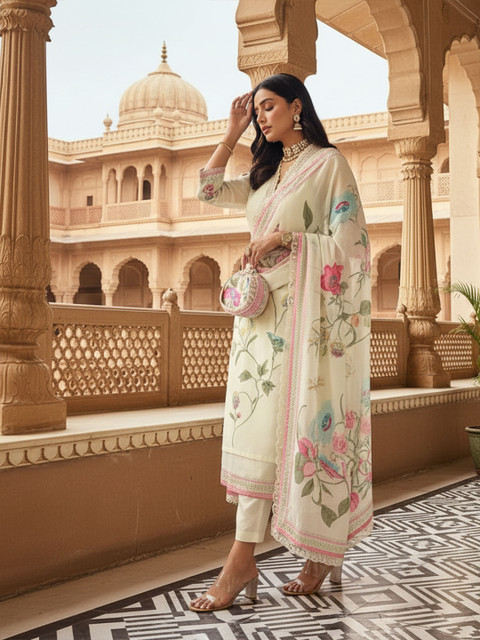 Royal Export Floral Printed Organza Kurta With Trousers & Dupatta - Image 6