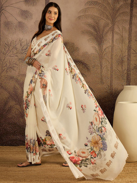 Sangria Floral Printed Saree with Unstitched Blouse - Image 2