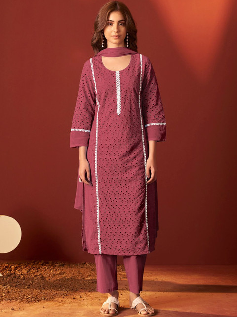 DRESOUL Women Regular Chikankari Pure Cotton Kurta & Trousers With Dupatta
