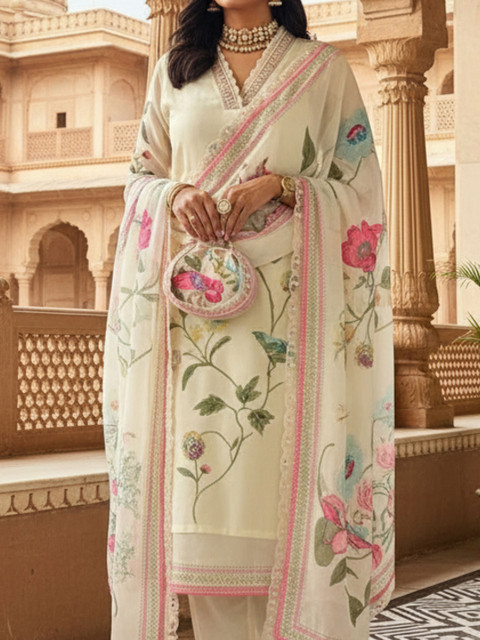 Royal Export Floral Printed Organza Kurta With Trousers & Dupatta - Image 3