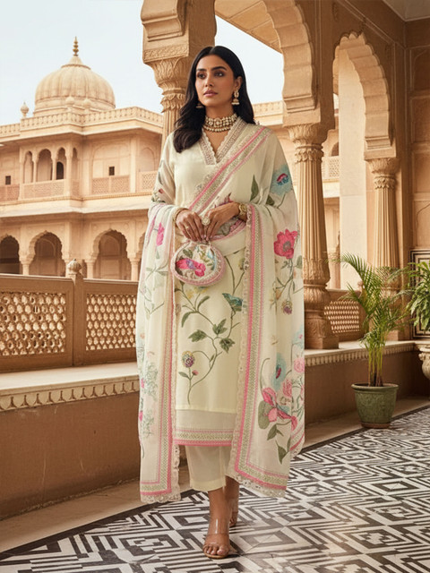 Royal Export Floral Printed Organza Kurta With Trousers & Dupatta - Image 2