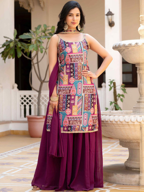 TextileNow Ethnic Motifs Printed Shoulder Straps Straight Kurta With Sharara & Dupatta