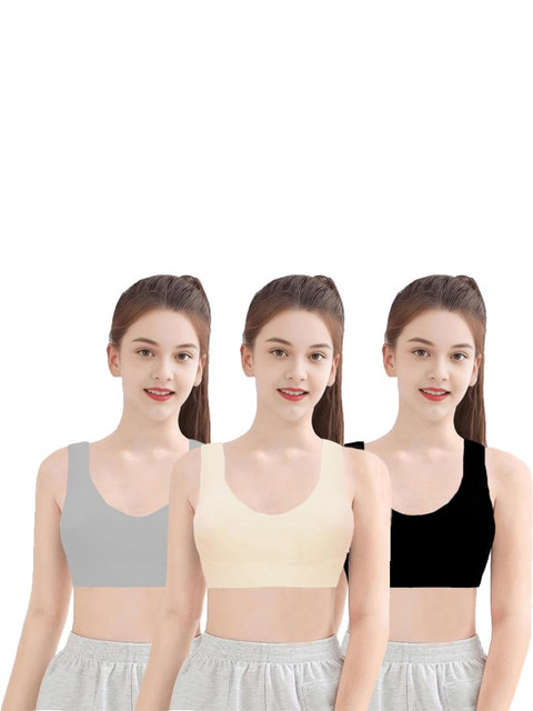 BRAAFEE Girls Pack of 3 Cotton Non Padded Teenager Full Coverage Sports Bra