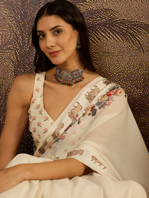 Sangria Floral Printed Saree with Unstitched Blouse - Image 5