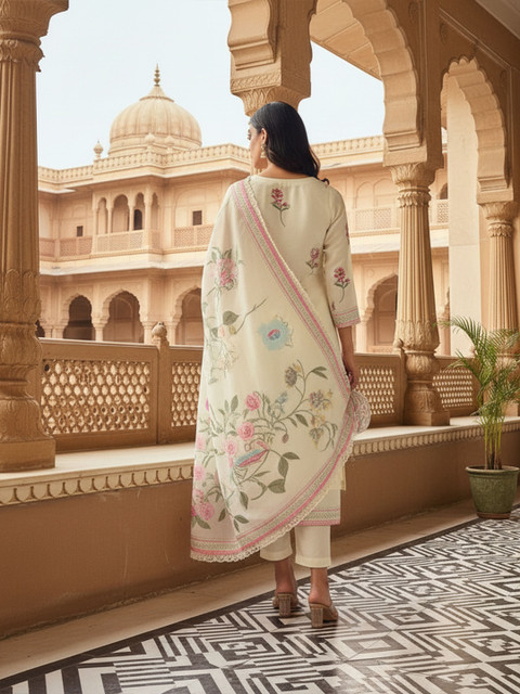Royal Export Floral Printed Organza Kurta With Trousers & Dupatta - Image 5