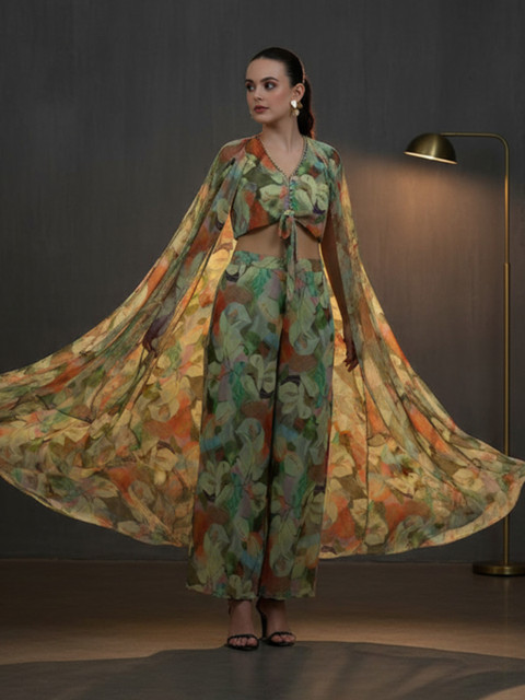 Libas Green Floral Printed V-Neck Top and Shrug With Palazzo