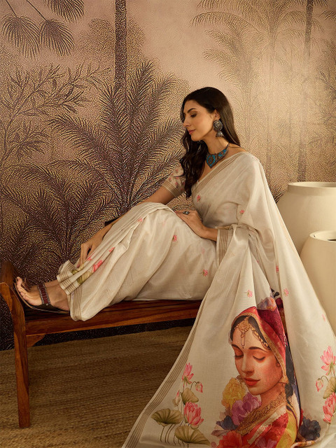 Sangria Women Floral Printed Zari Border Saree With Unstitched Saree Blouse