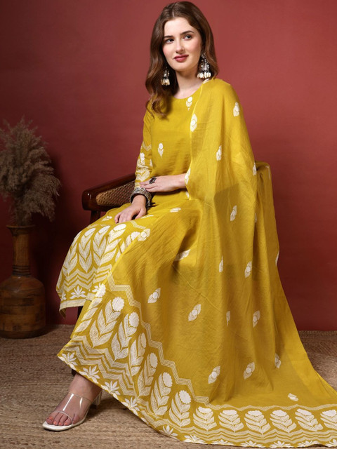 Anouk Women Floral Printed Regular Pure Cotton Kurta with Trousers & Dupatta