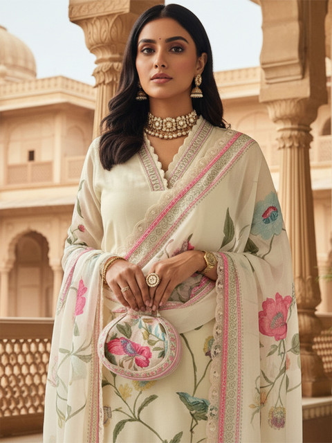 Royal Export Floral Printed Organza Kurta With Trousers & Dupatta