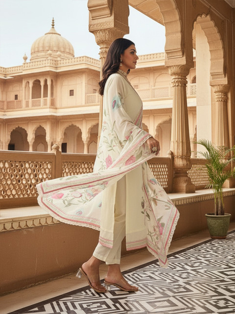 Royal Export Floral Printed Organza Kurta With Trousers & Dupatta - Image 4