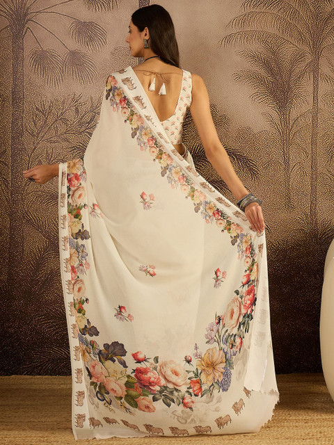 Sangria Floral Printed Saree with Unstitched Blouse - Image 3