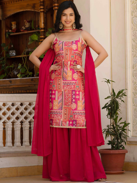 TextileNow Women Ethnic Motifs Printed Gotta Patti Kurta With Sharara & Dupatta Kurta Sets