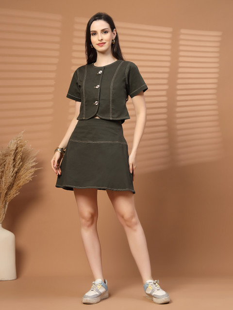 plusS Women's Solid Cotton Top and Skirt Co-Ords