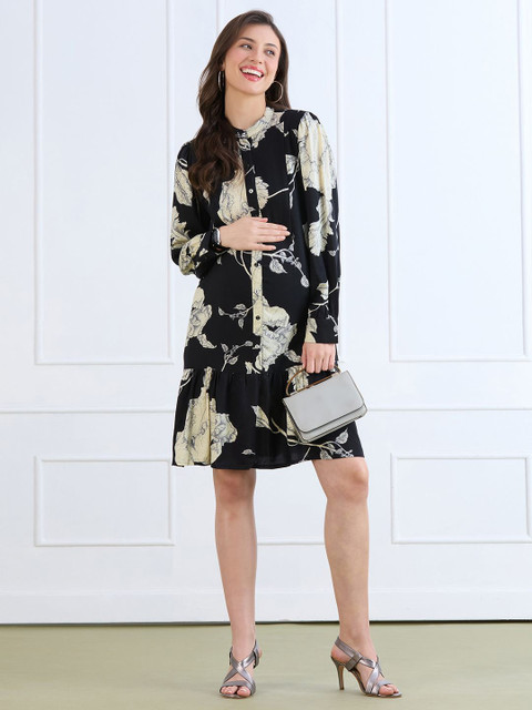 MomToBe Women White & Black Rayon Maternity Dress