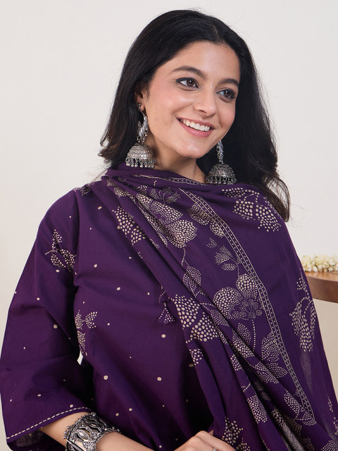 Indo Era Ethnic Motifs Printed V-Neck Pure Cotton Anarkali Kurta With Trousers & Dupatta