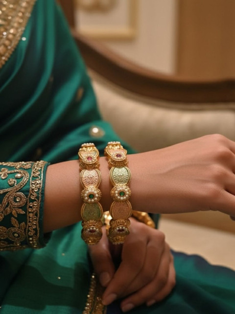 PANASH Set Of 2 24K Gold Plated Stone Studded Bangles