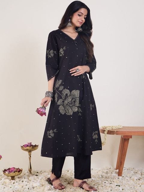 Indo Era Printed V-Neck Pure Cotton Tunic With Trousers - Image 2